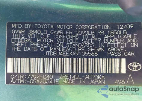 2010 Toyota Corolla Le из США, поврежденный, VIN JTDBU4EEXA9105568